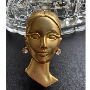 Women Lady Bust with Rhinestone Earrings 2000's Brooch